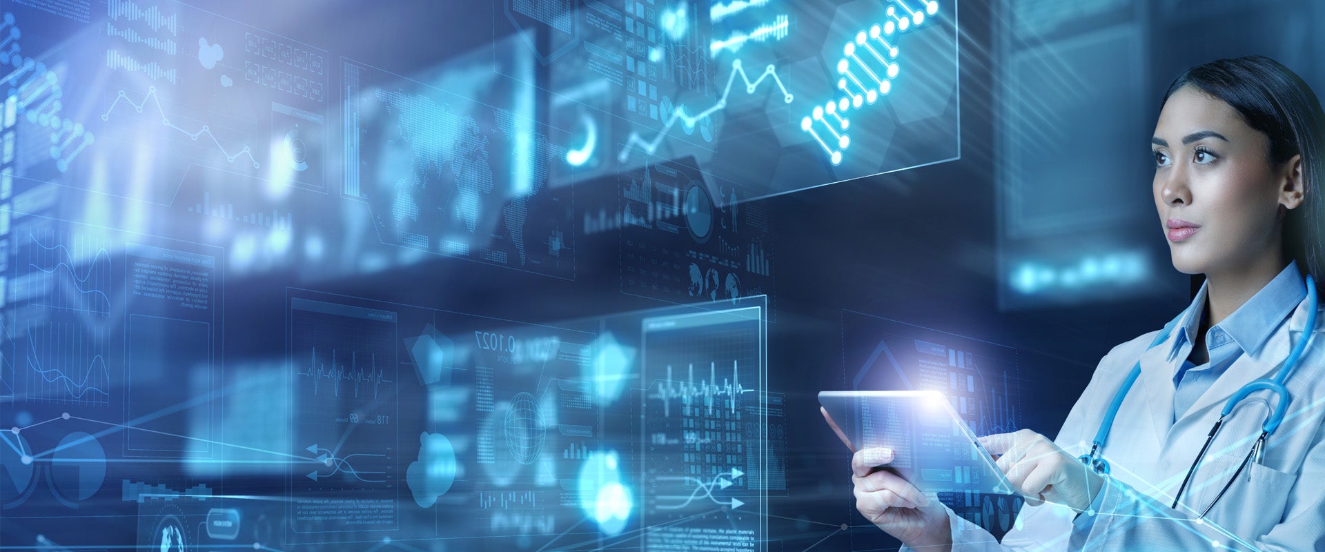 woman holding tablet looking at charts in virtual reality