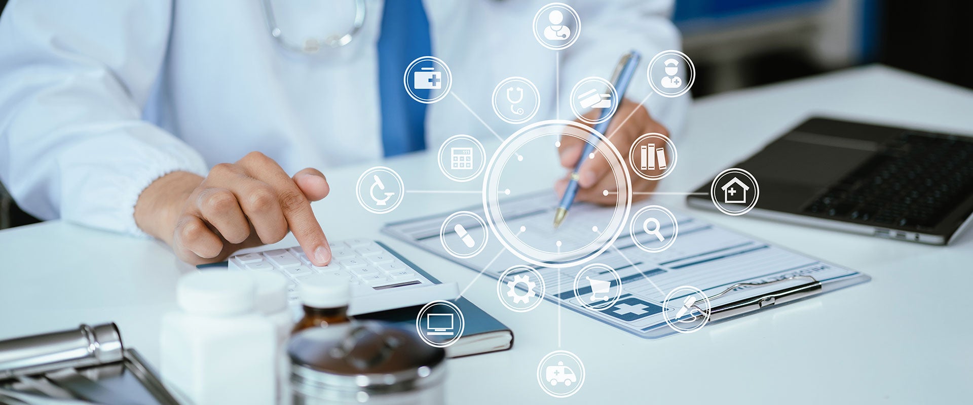 doctor taking notes with digital abstract overlay
