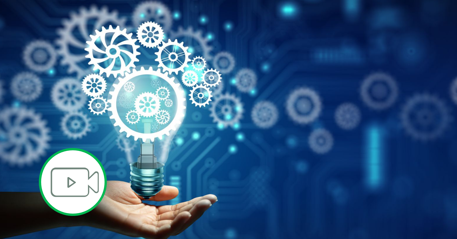 abstract digital image of hand holding lightbulb with gears